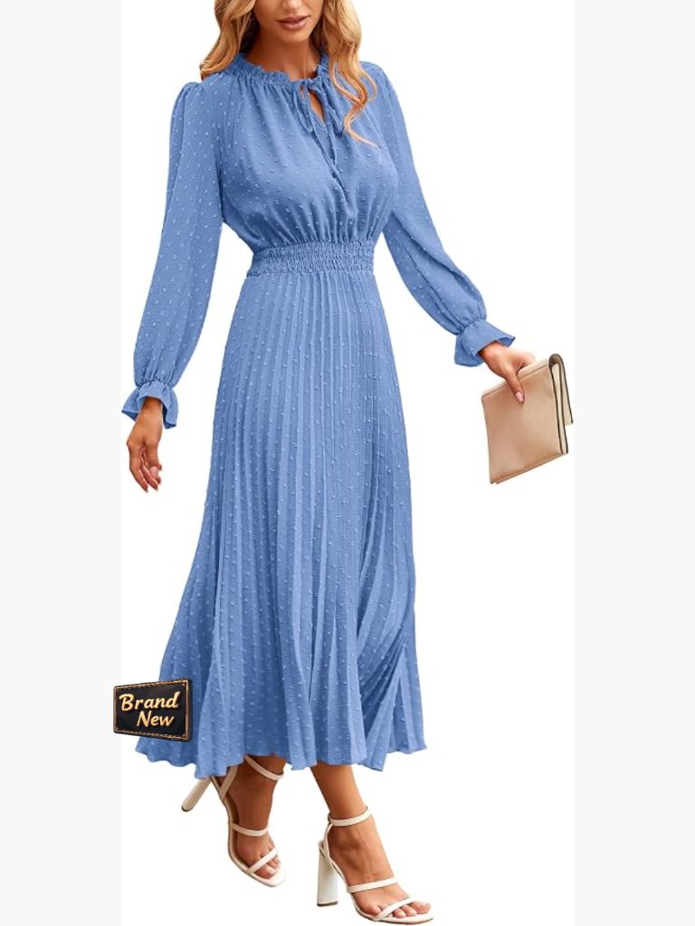 Swiss Dot V Neck A Line Midi Dress With Tie Neck